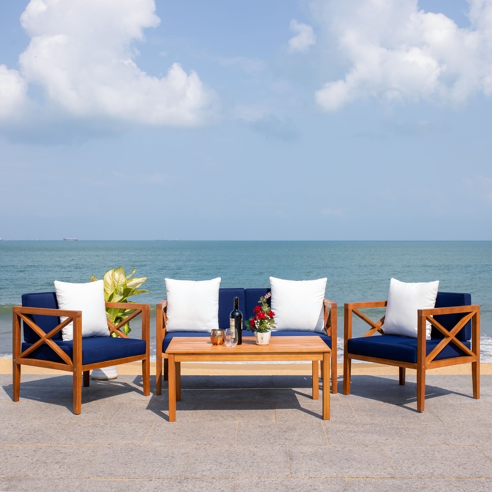 SAFAVIEH Outdoor Dafne 4-Piece Conversation Patio Set with Accent Pillow - 50W x 26D x 25H