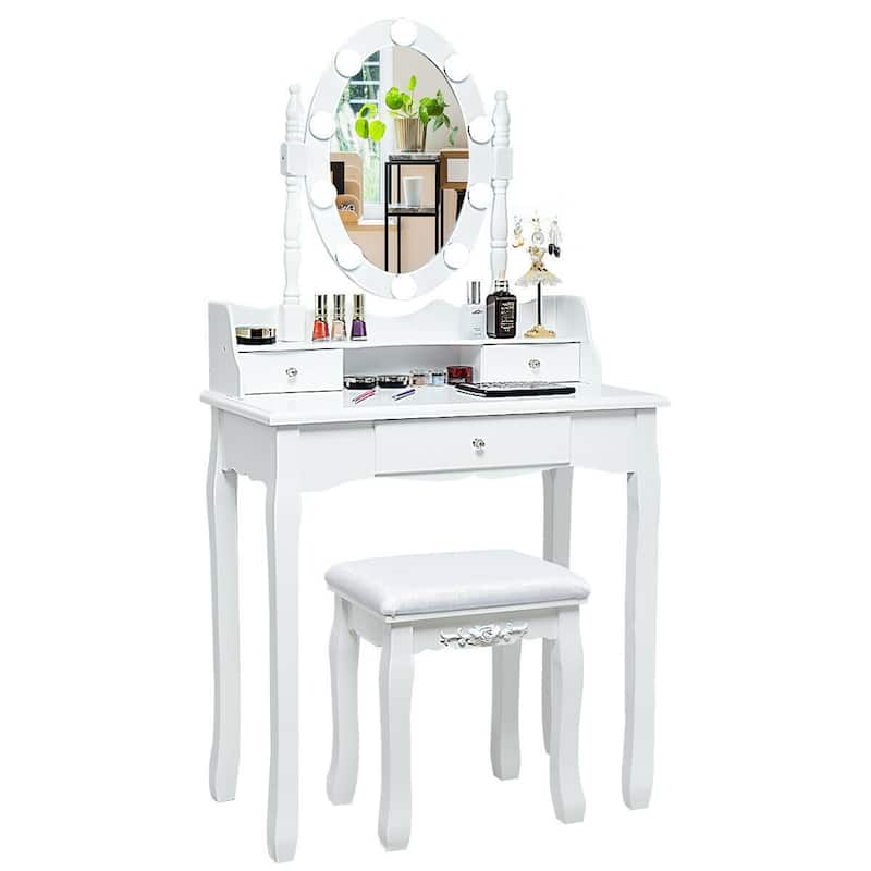 Oval Mirror Vanity Set with 10 LED Dimmable Bulbs and 3 Drawers - 29.5" x 16" x 56.5" (L x W x H)