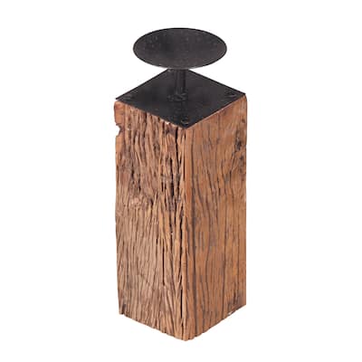 A&B Home Wood and Iron Pillar Candle Holder with Round Plate