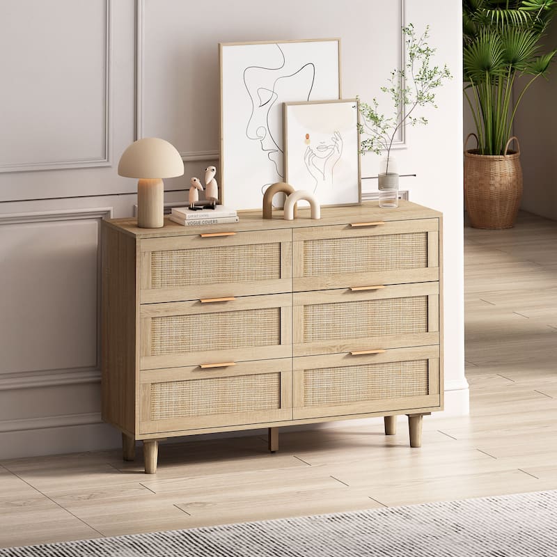6-drawers Rattan Storage Cabinet - 43.31"L x 15.75"W x 29.53"H
