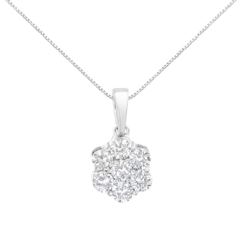 .925 Sterling Silver 1 cttw Diamond 7 Stone Flower Cluster 18" Pendant Necklace (I-J, I1-I2)