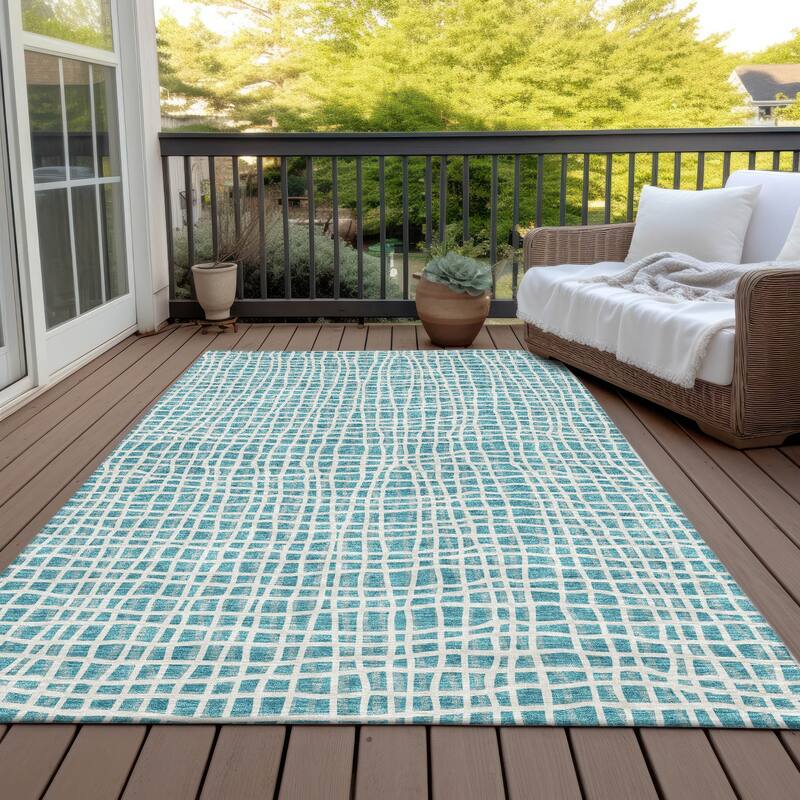 Machine Washable Indoor/ Outdoor Chantille Abstract Modern Rug - Teal - 9' x 12'