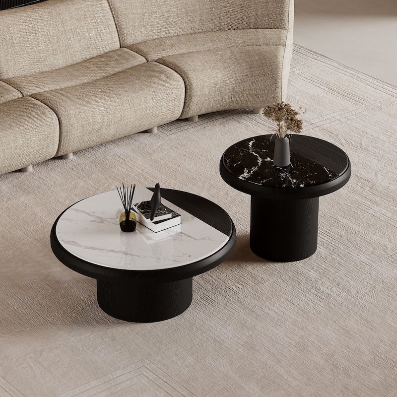 31.5" Modern Round Coffee Table,Set of 2, Black Solid Wood Texture, Faux Marble Table top