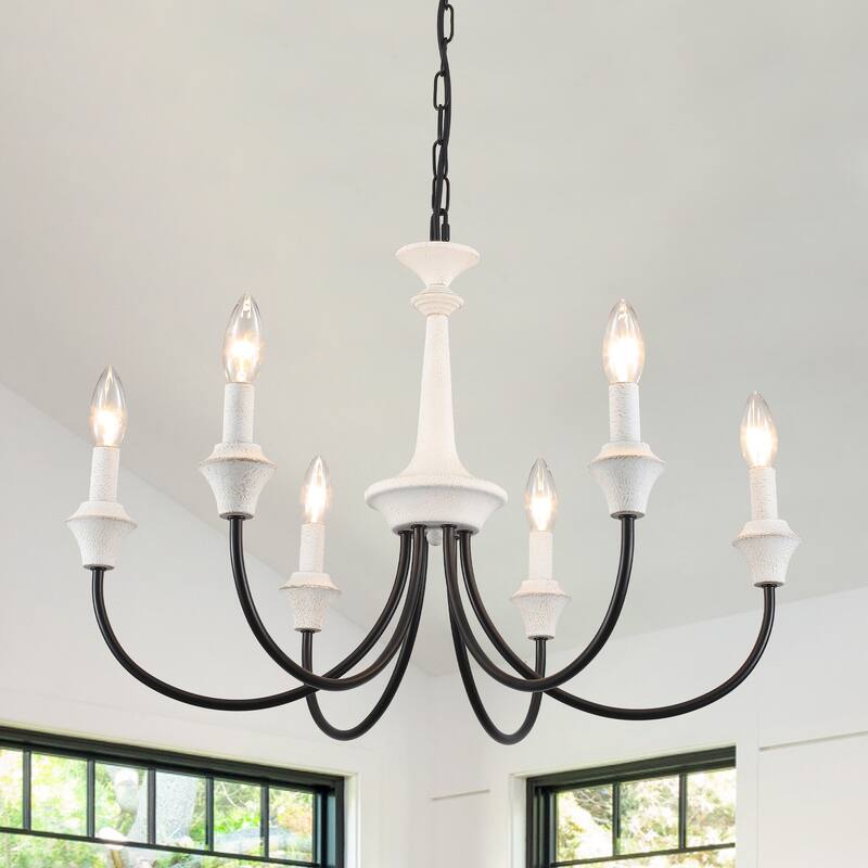 6-Light Modern Chandelier , Farmhouse Candle Chandelier for Dining Room Living Room Bedroom Kitchen - W24.4"x H15.55" - Distressed White and Black