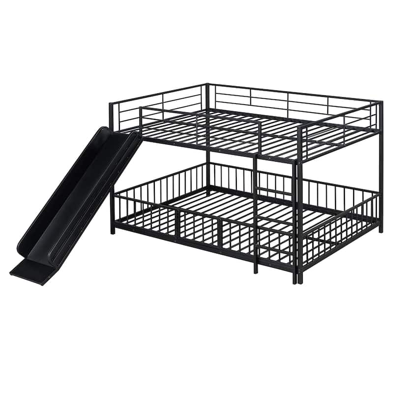 Black Full over Full Size Metal Bunk Bed with Slide and Guardrails for Kids