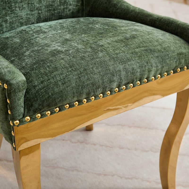 Chenille Dining Chairs, Modern Upholstered Accent Chair with Curved Gold-Plated Legs & Rivet Trim, Plush Fabric, Set of 2