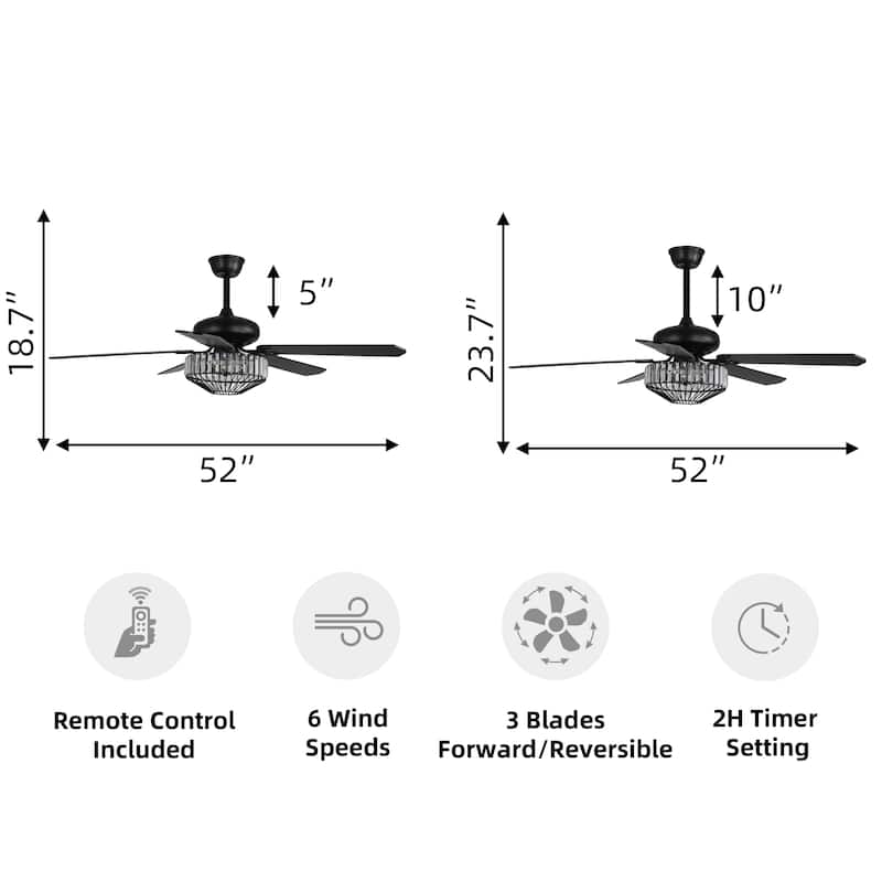 42"/52" Modern Crystal Ceiling Fan with Light, 5 Wood Blades, DC Motor, Remote, Dual Downrods - 52 inch