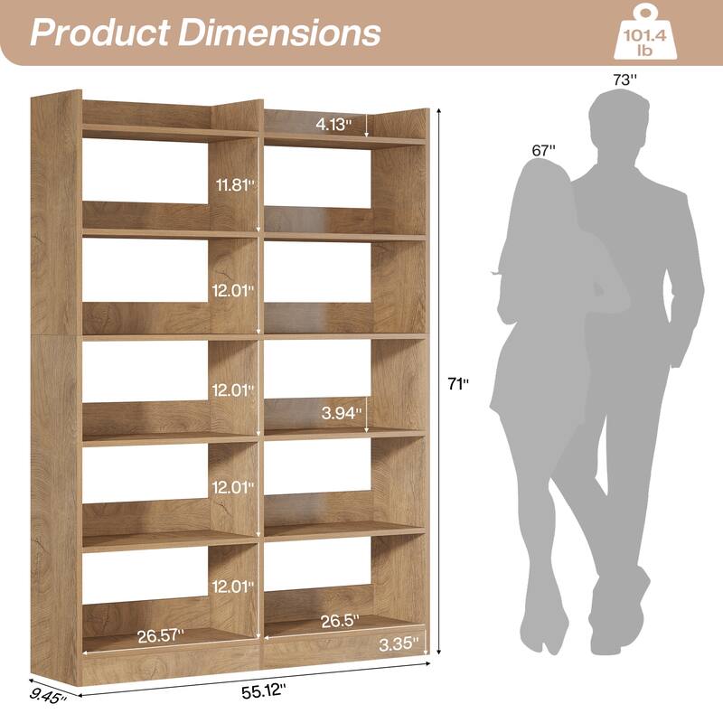 70.87'' Tall Bookshelf, 6-Tier Farmhouse Double Wide Bookshelves