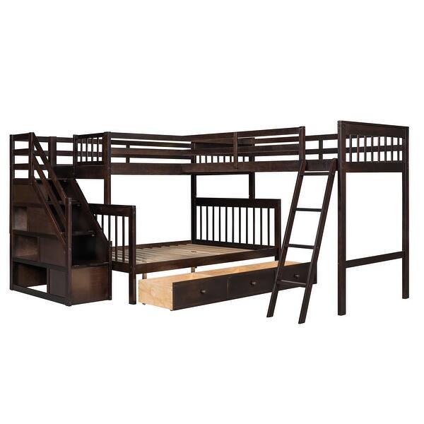 slide 2 of 46, Twin over Full L-Shaped Wooden Bunk Bed,Sloping Ladder and Staircase Espresso
