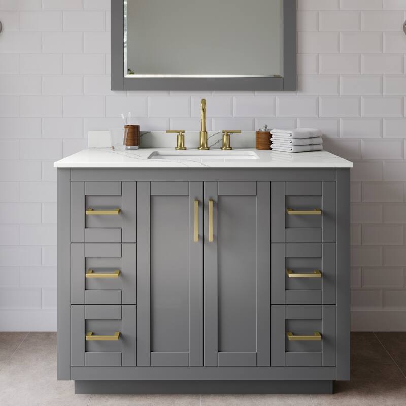 Wyndham Collection WCF292942S-QTZ-US3M34 Miranda 42" Free Standing - Dark Gray / Giotto Quartz Top / Brushed Gold