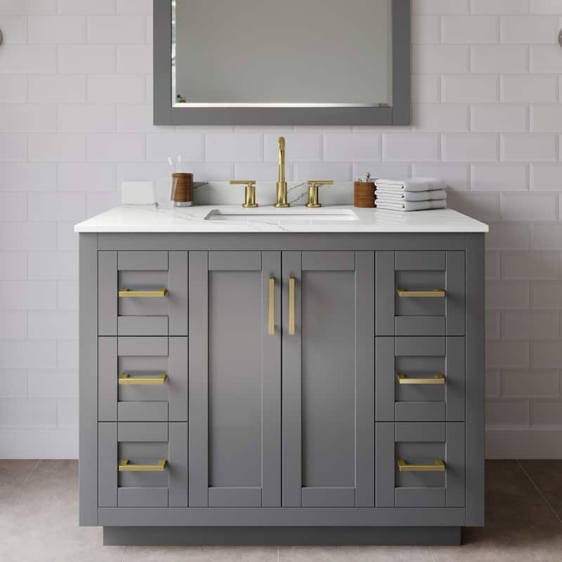 Wyndham Collection WCF292942S-QTZ-US3MXX Miranda 42" Free Standing - Dark Gray / Giotto Quartz Top / Brushed Gold