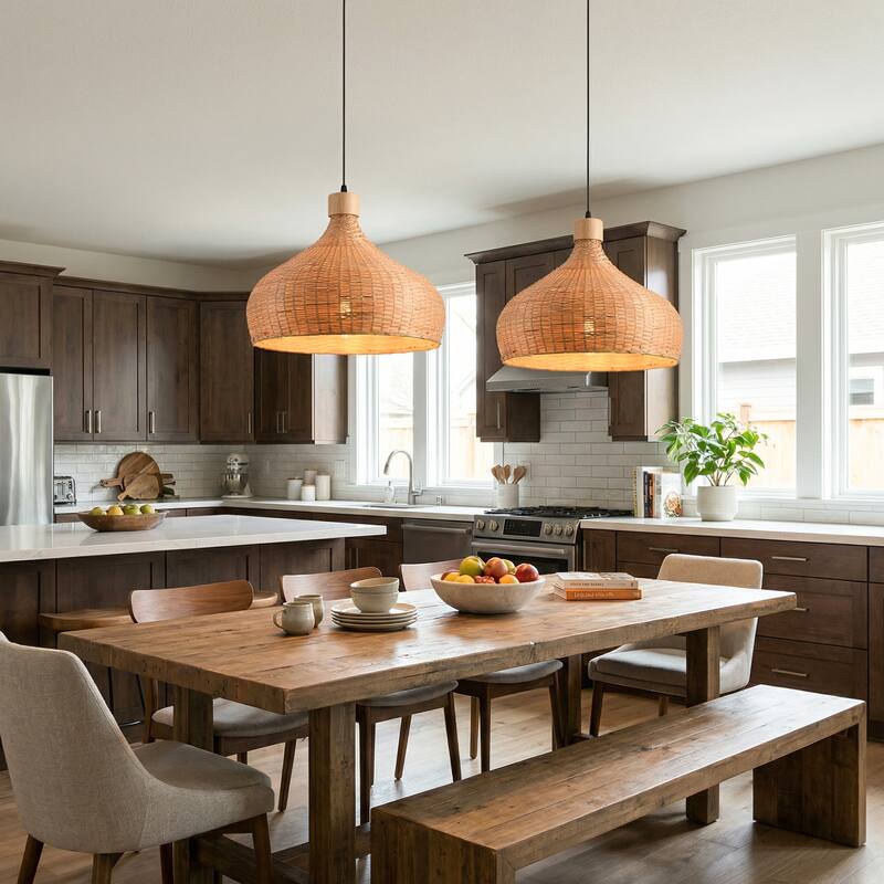 1-Light Retro Brown Handmade Bamboo Woven Dome Hanging Pendant Light - 17.7" W x 59" H