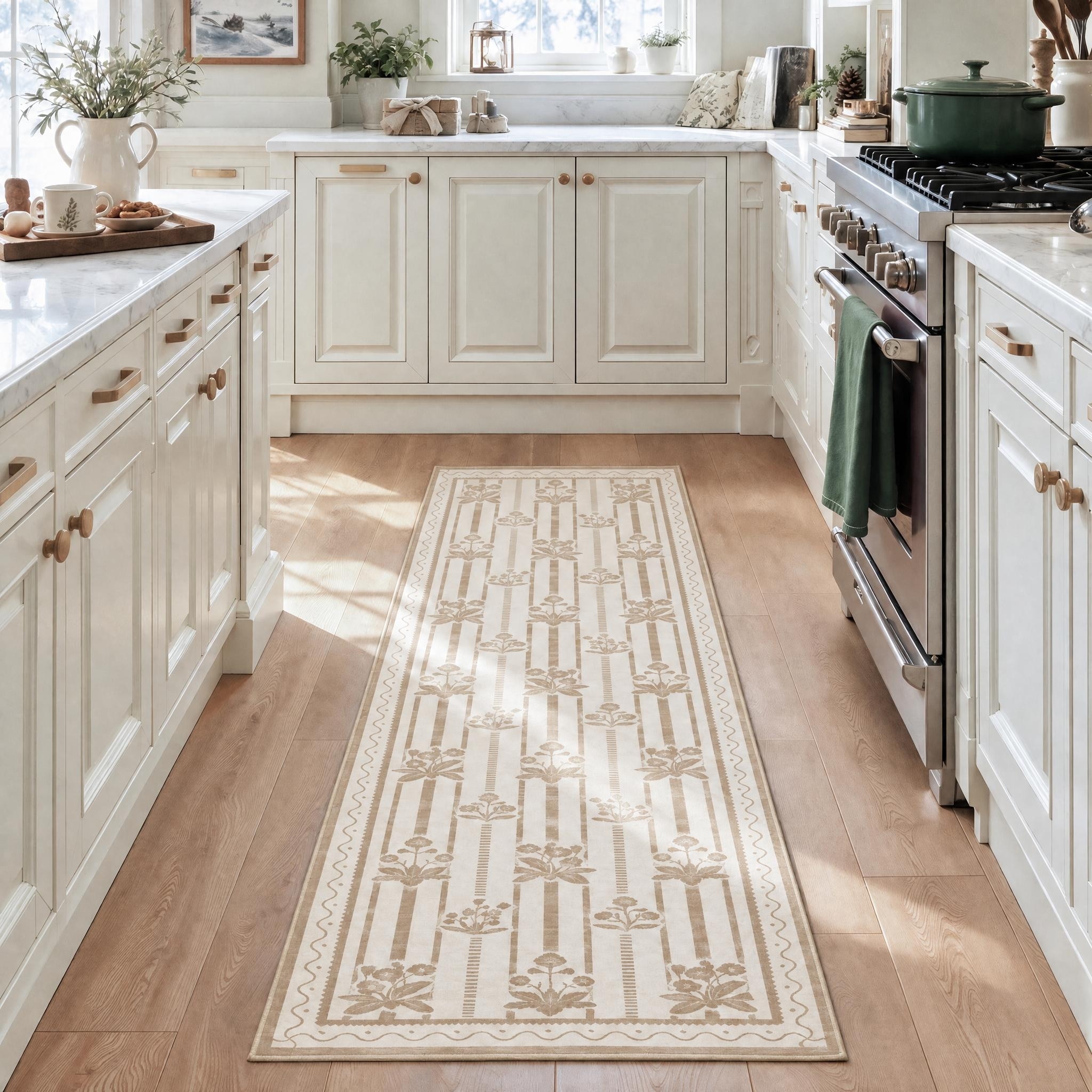 Washable Floral Striped Area Rug & Runner, Non Slip Low Pile Farmhouse Carpet for Indoor