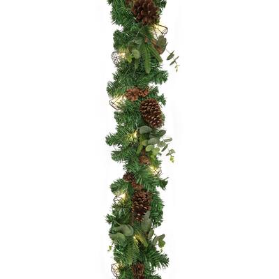 6ft Artificial Mixed Pine Cone Eucalyptus & Pine Christmas Garland with Geometric Crystal String Light Set