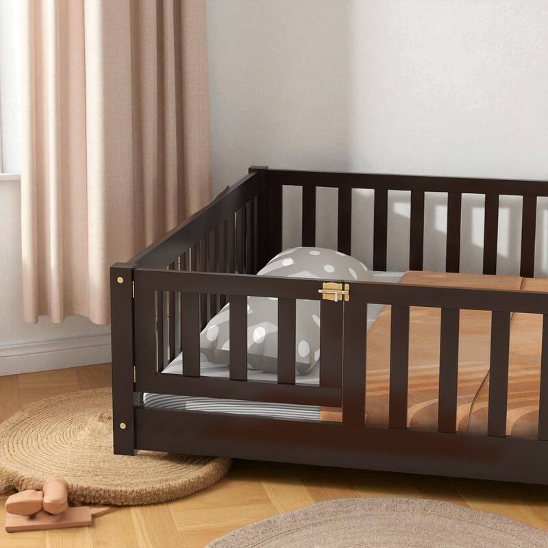 Full Size Rubber Wood Floor Bed with Fence, Door and Safety Guardrails for Kids
