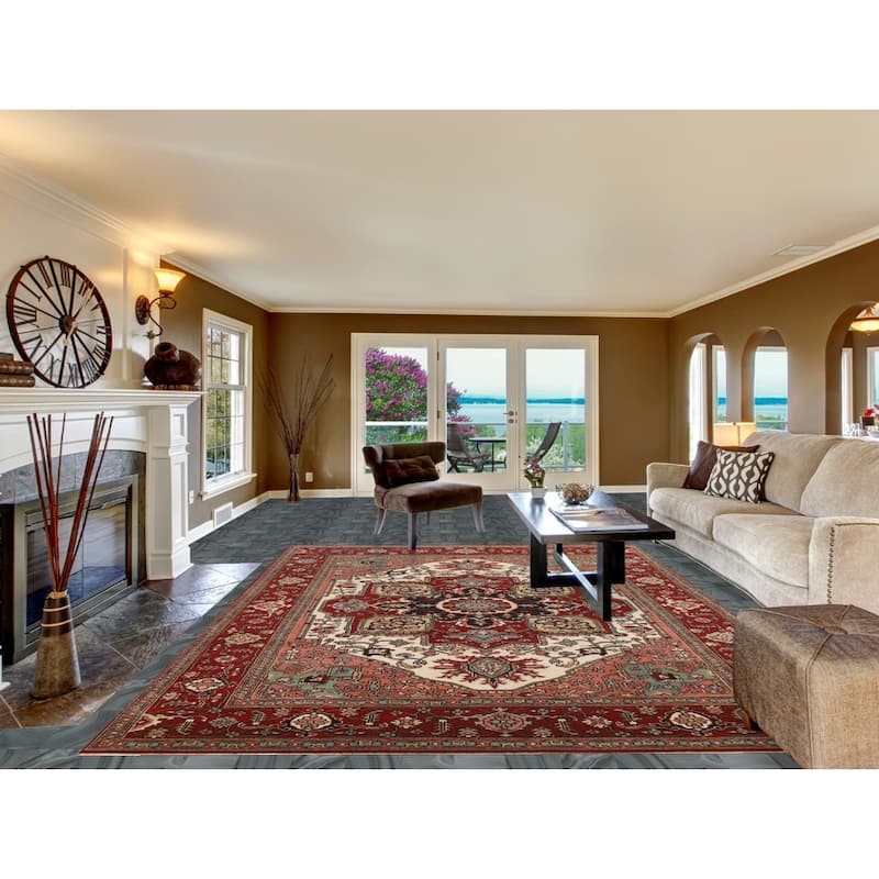 Hand Knotted Oriental 100% Wool Carpet Traditional Medallion Beige & Ivories Heriz (serapi) Area Rug - 12' 2'' X 8' 9''