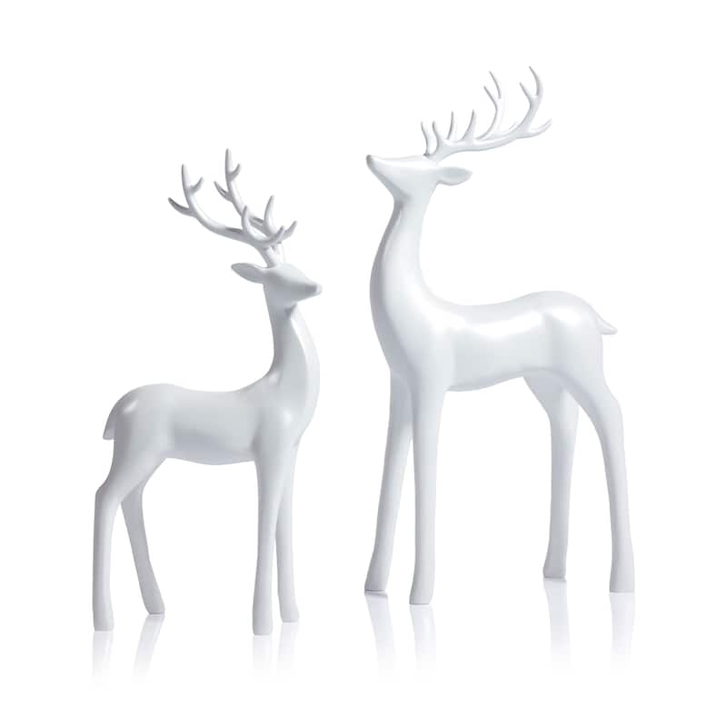 Pearl White Deer Figurines, Set of 2, Elegant Holiday Décor, 13" & 16.5" Tall