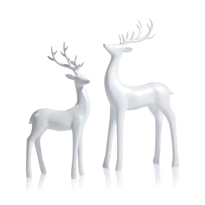 Pearl White Deer Figurines, Set of 2, Elegant Holiday Décor, 13" & 16.5" Tall
