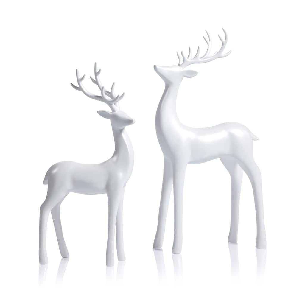 Pearl White Deer Figurines, Set of 2, Elegant Holiday Décor, 13" & 16.5" Tall