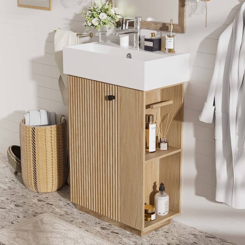 21.6" Bathroom Vanity with Ceramic Sink, Open and Closed storage