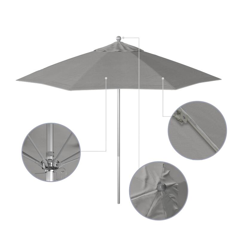 California Umbrella 9' Rd. Aluminum Frame, Fiberglass Rib Patio Umbrella, Push Open,Anodized Silver Finish, Sunbrella Fabric