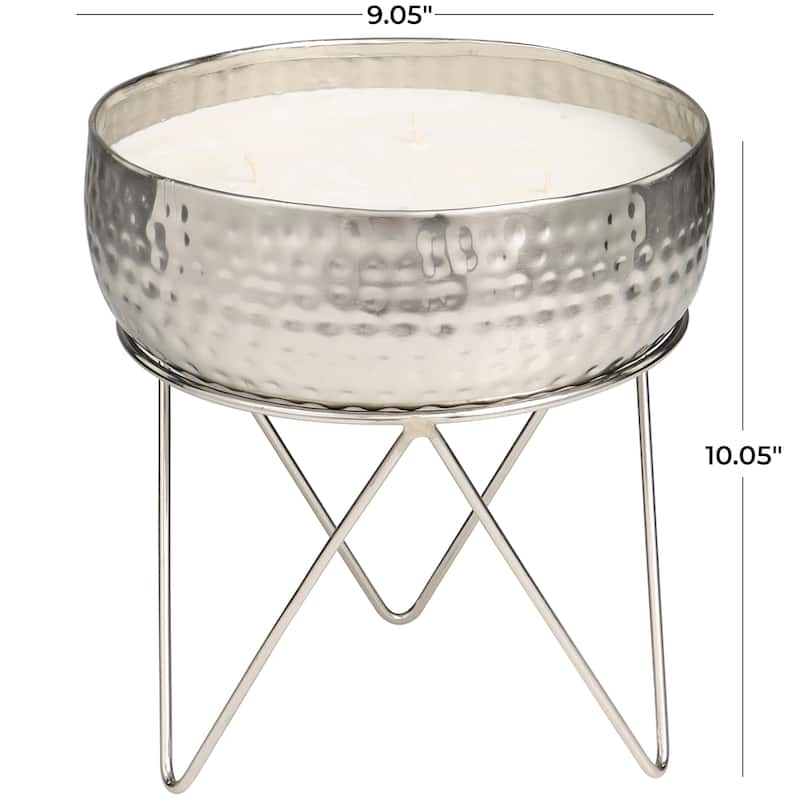 Silver Metal Campfire Scented Tall Hammered Wick Candle with White Wax