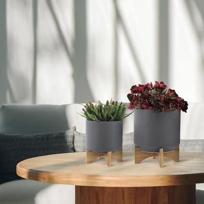 8 & 10 inch Ceramic Planter with Wooden Stand,Set of 2