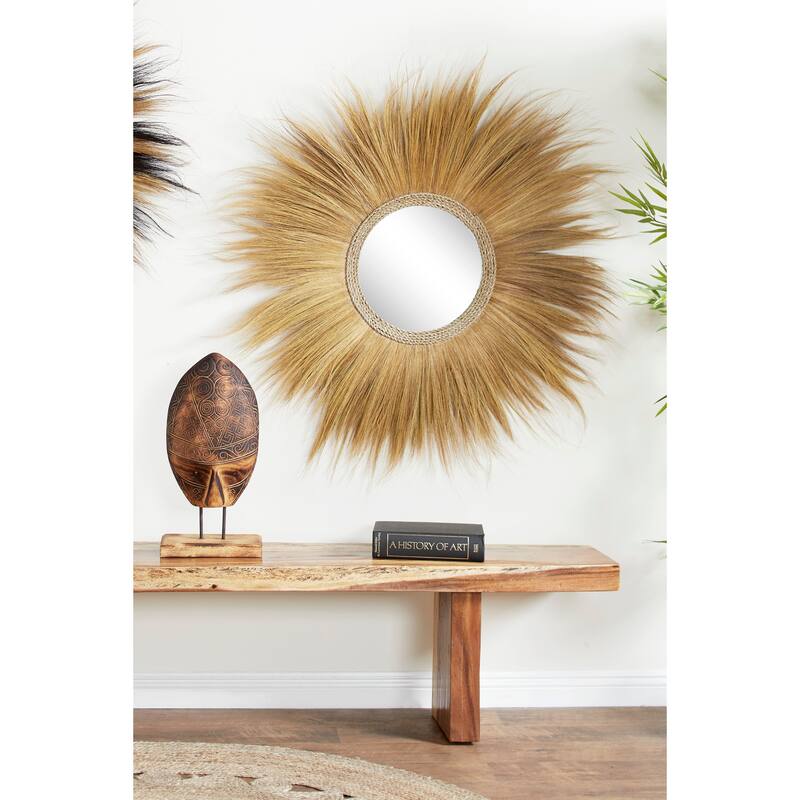 Brown Dried Plant Tribal Inspired Sunburst Grass Room Wall Mirror with Coiled Rope Center - 45 x 2 x 45Round - Brown