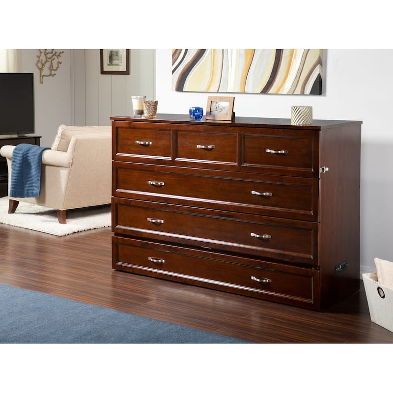 Murphy Bed Chest Queen - Fold Out Bed with Charging Station, Space Saving Furniture, Antique Walnut Finish