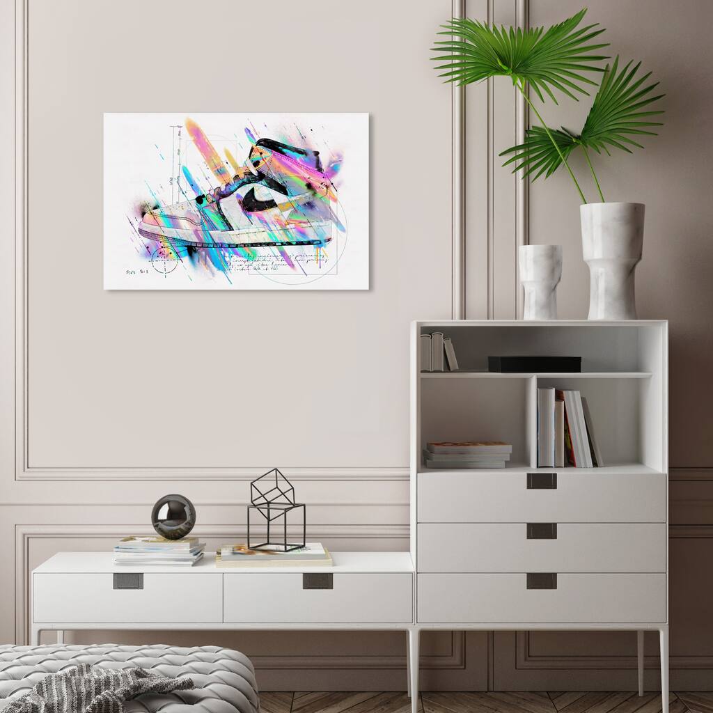 Wynwood Studio Fashion and Glam Artistic Sneaker Holo White and Cyan Modern & Contemporary Wall Art Canvas Print