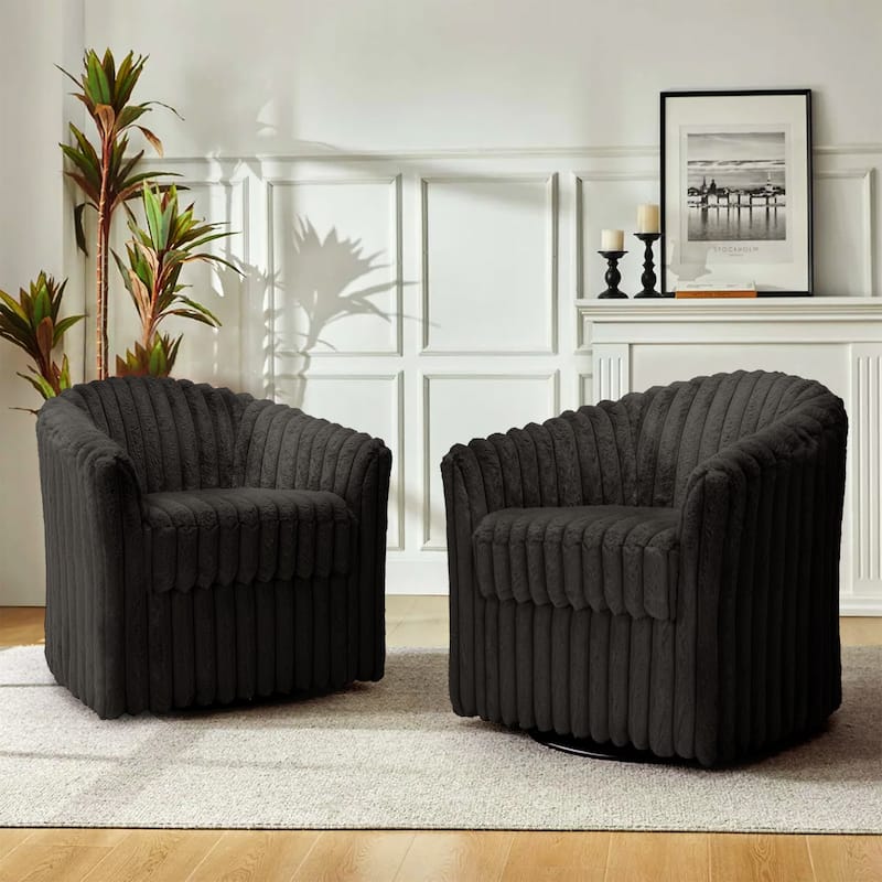 Faux Rabbit Fur Accent Chair 360-degree Swivel Barrel Chairs Set of 2 - Chocolate