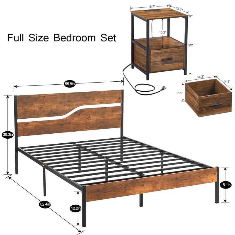 3-pieces Bedroom Set Platform Bed Frame Set of 2 Nightstands with Charging Station USB Port