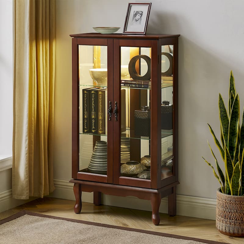 Lighted Curio Display Cabinet with Adjustable Shelves and Mirrored Back Panel