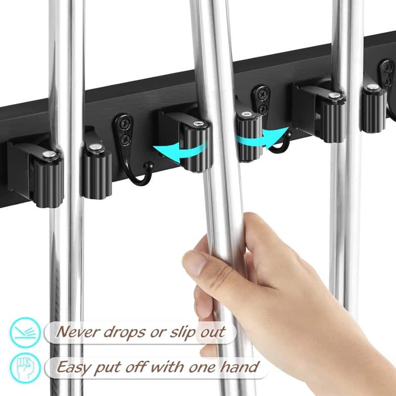 2 Pack Wood Broom Mop Hanger - Wall Mounted Garden Tool Rack Organizer 4 Slots & 4 Hooks - 2 Pack