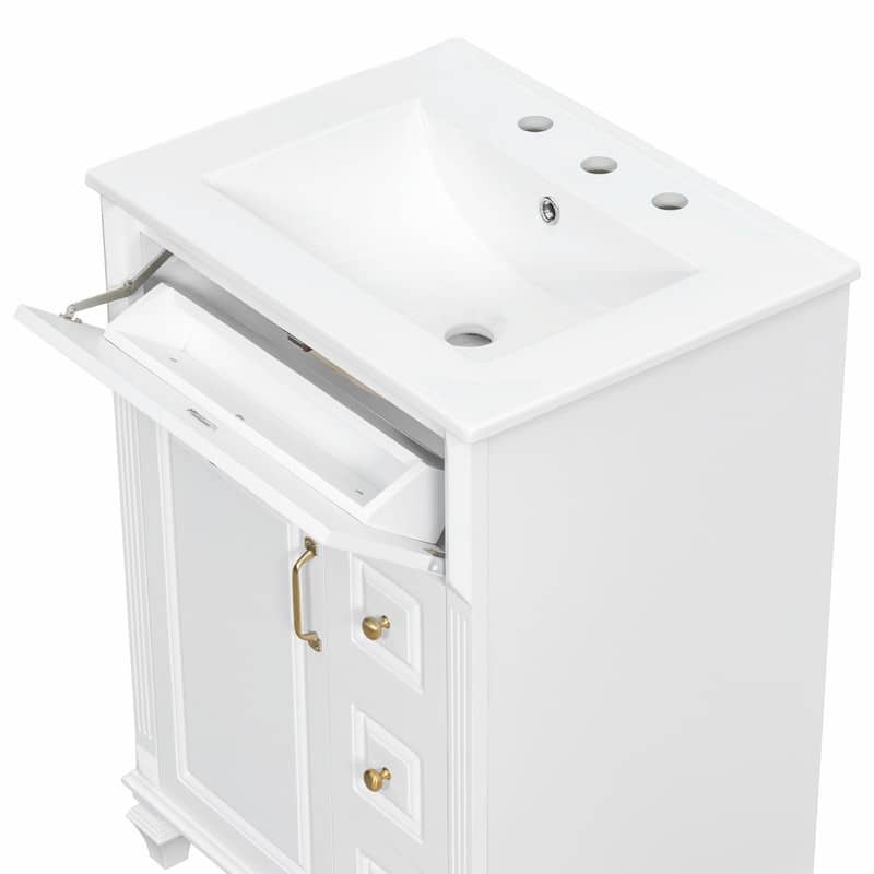 24" Bathroom Vanity with Sink, Freestanding Vanity Cabinet with Flip-Out Drawer, 3 Drawers, Ceramic Top