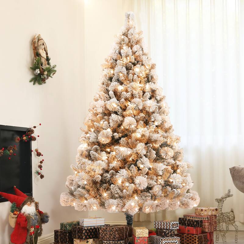 6.5 ft Pre-Lit Artificial Christmas Tree with 350 Clear Lights and 1107 Tips, Snow Flocked Christmas Tree with Metal Stand
