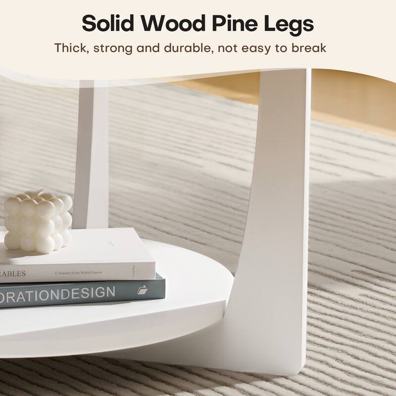 31.5" Round Coffee Table with Solid Wood Legs and 2-Tier Storage - 31.5"Dia x 17.72"H