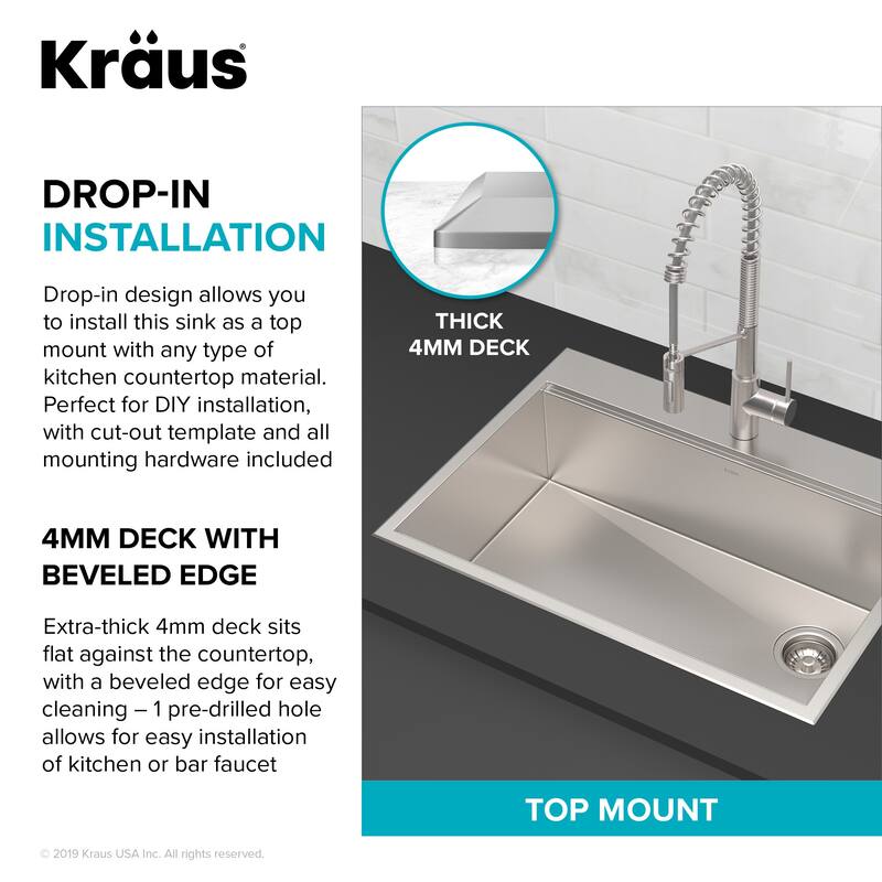 Kraus Kore 25" Drop In or Undermount Single Basin Stainless Steel