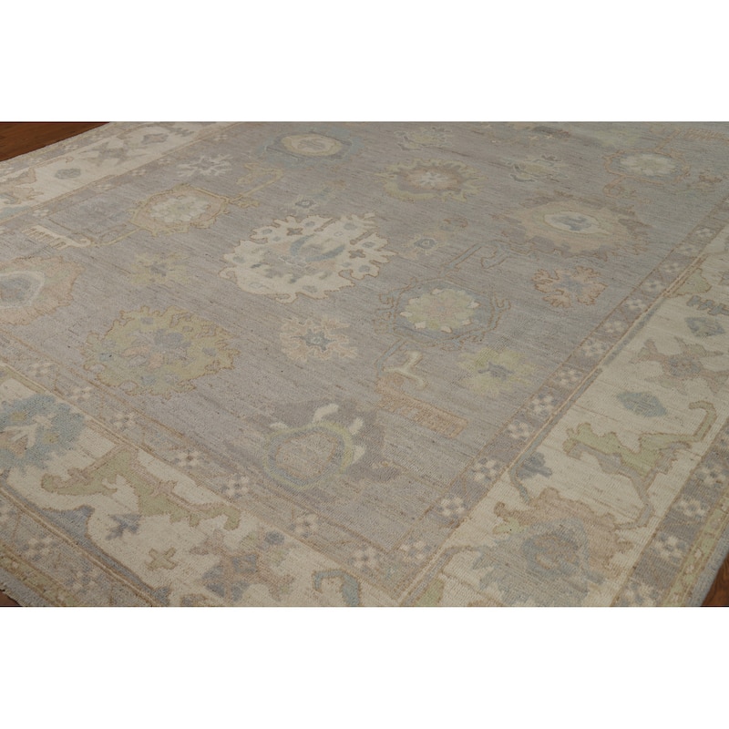 Vegetable Dye Oushak Turkish Area Rug Hand-Knotted Grey Wool Carpet - 9'2" x 12'4"
