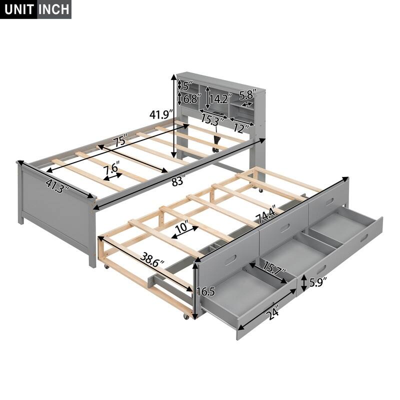 Wooden Twin Size Platform Bed with Storage Headboard, USB, Twin Size Trundle and 3 Drawers