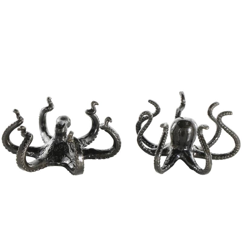 Black Aluminum Metal Octopus Decorative Sculpture with Splayed Arms (Set of 2)