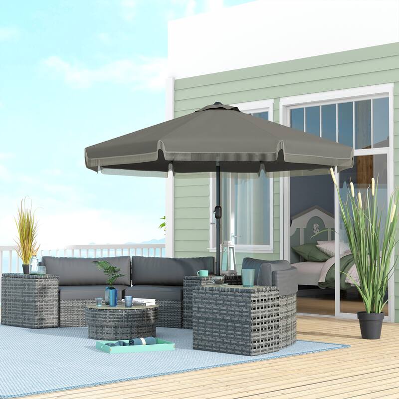 Outsunny 9ft Patio Umbrella with Push Button Tilt and Crank, Ruffled Outdoor Market Table Umbrella with Tassles and 8 Ribs - Grey