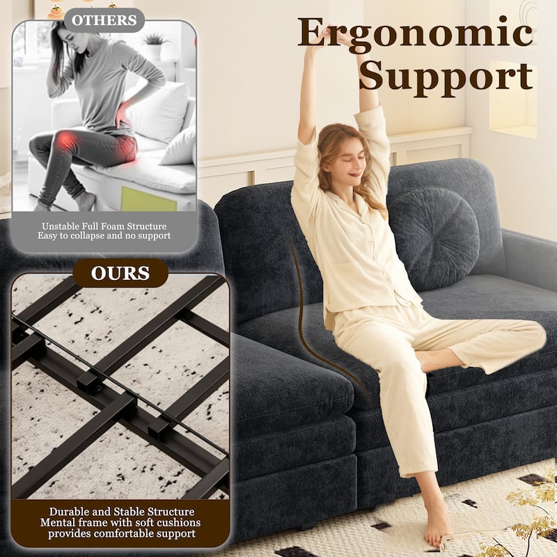 Homy Casa 3-in-1 Convertible Sleeper Sofa Bed, Pull-Out Couch w/ USB, Side Pocket & 4 Pillows, Chenille, 2/3/4-Seat