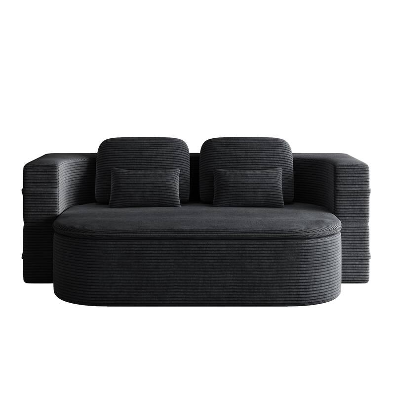 2-in-1 Floor Sleeper Sofa Bed Corduroy Foldable Sofa with Functional Blanket and Pillows for Living Room Bedroom Studio