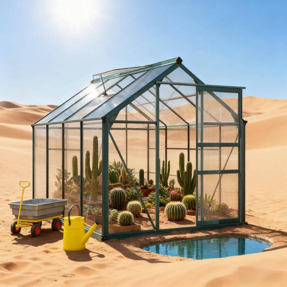 GDFStudio - Outdoor 6'x8' Aluminum Frame Outdoor Greenhouse with Polycarbonate Panels, Rain Gutter & Roof Vent - Dark Green