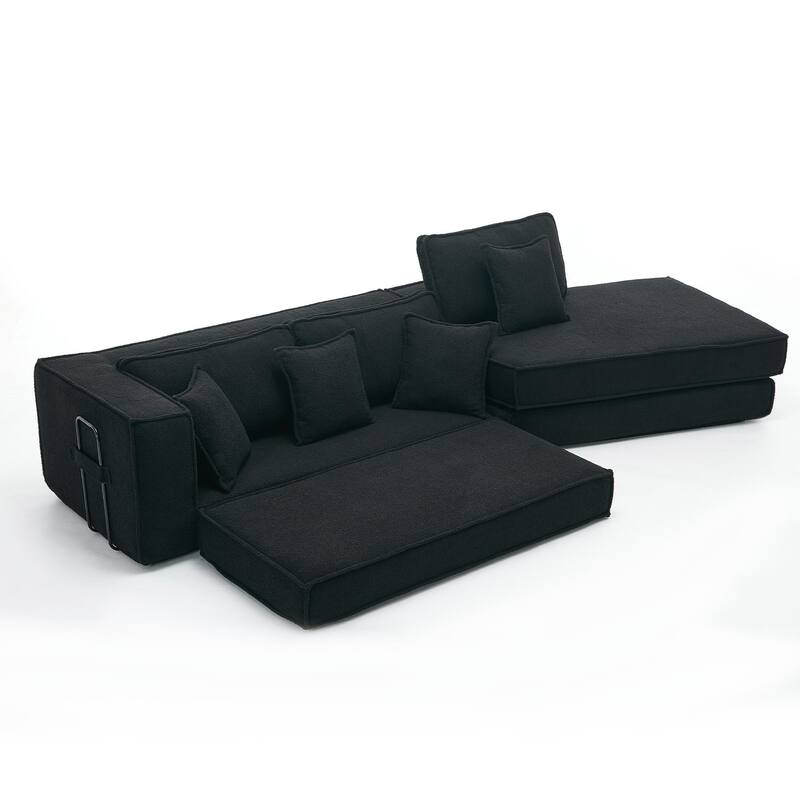 133" Lamb Velvet Convertible Sectional Sleeper Sofa with 7 Pillows