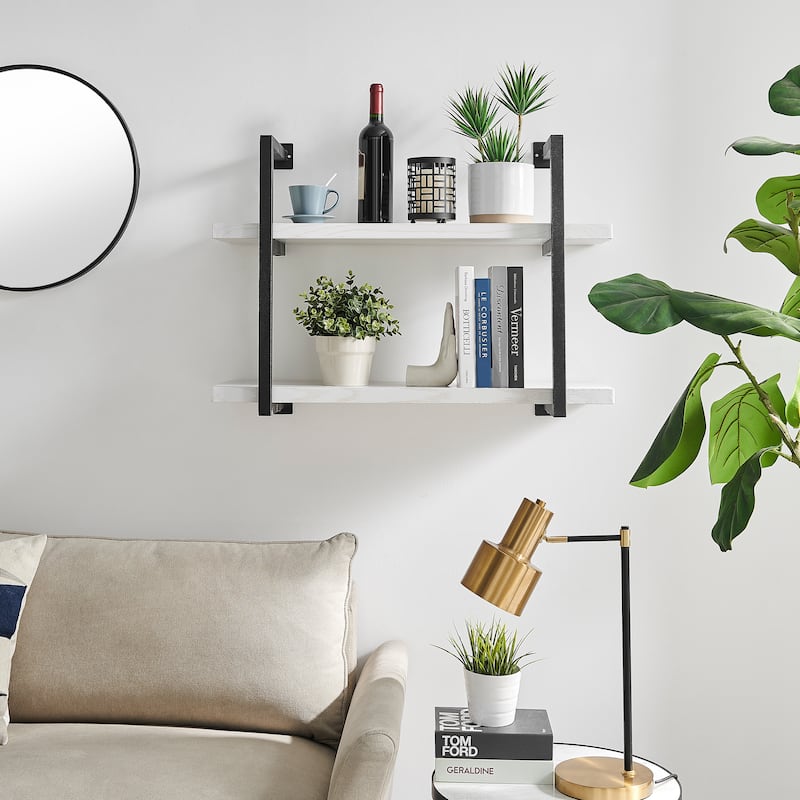 Danya B. Modern 2-Tier Hanging Bracket Wall Shelves in Black Metal and White Birch Finish