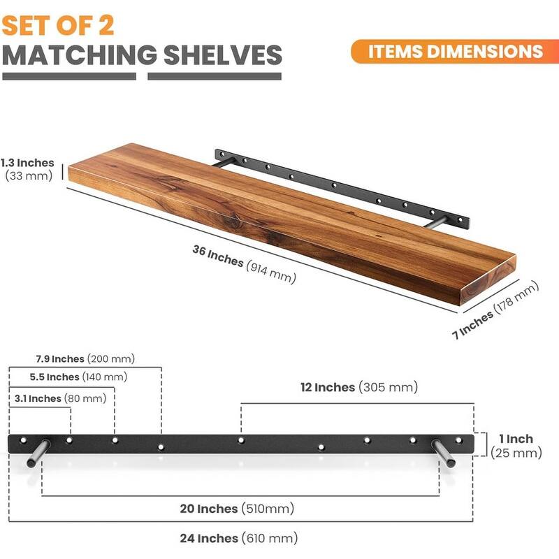 Acacia Wood Floating Shelves Wall Mounted Set of 2
