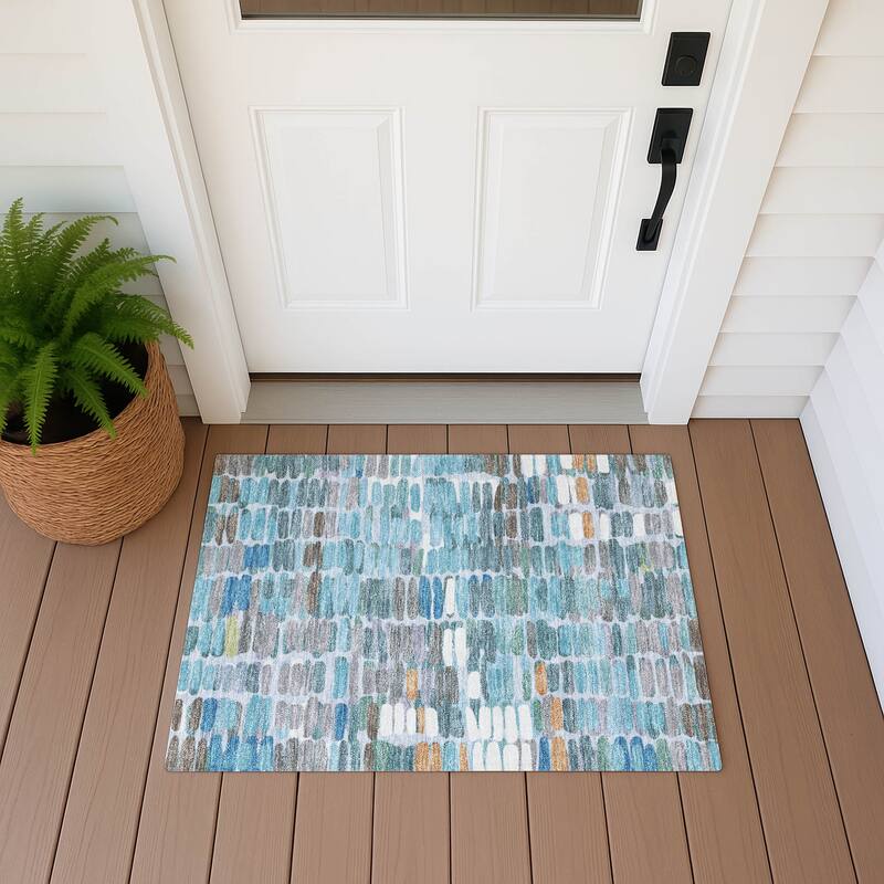 Machine Washable Indoor/ Outdoor Modern Caps Chantille Rug - Teal - 1'8" x 2'6"