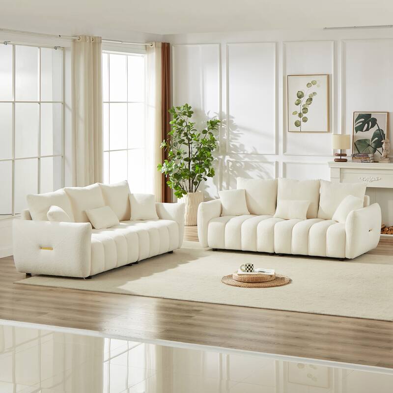 2-Piece 6-Seat Teddy Fabric Sectional Set (3+3) with Wood Frame & 6 Pillows